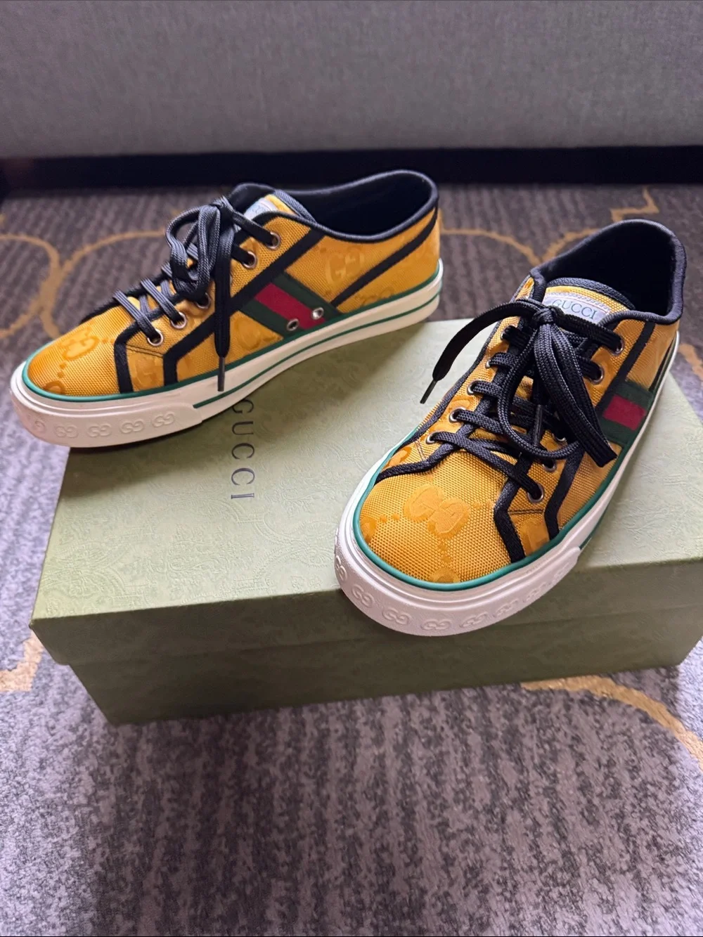 Mens Gucci Yellow Canvas Sneakers with Green and Red Web Stripe and Black Trim